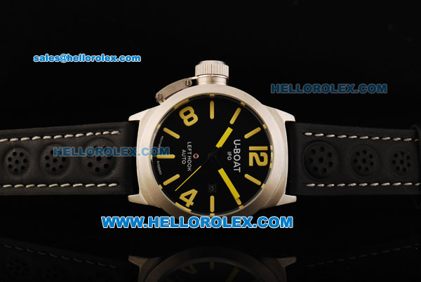 U-Boat Italo Fontana Left Hook Automatic Movement Steel Case Yellow Markers with Black Dial and Black Leather Strap - Click Image to Close